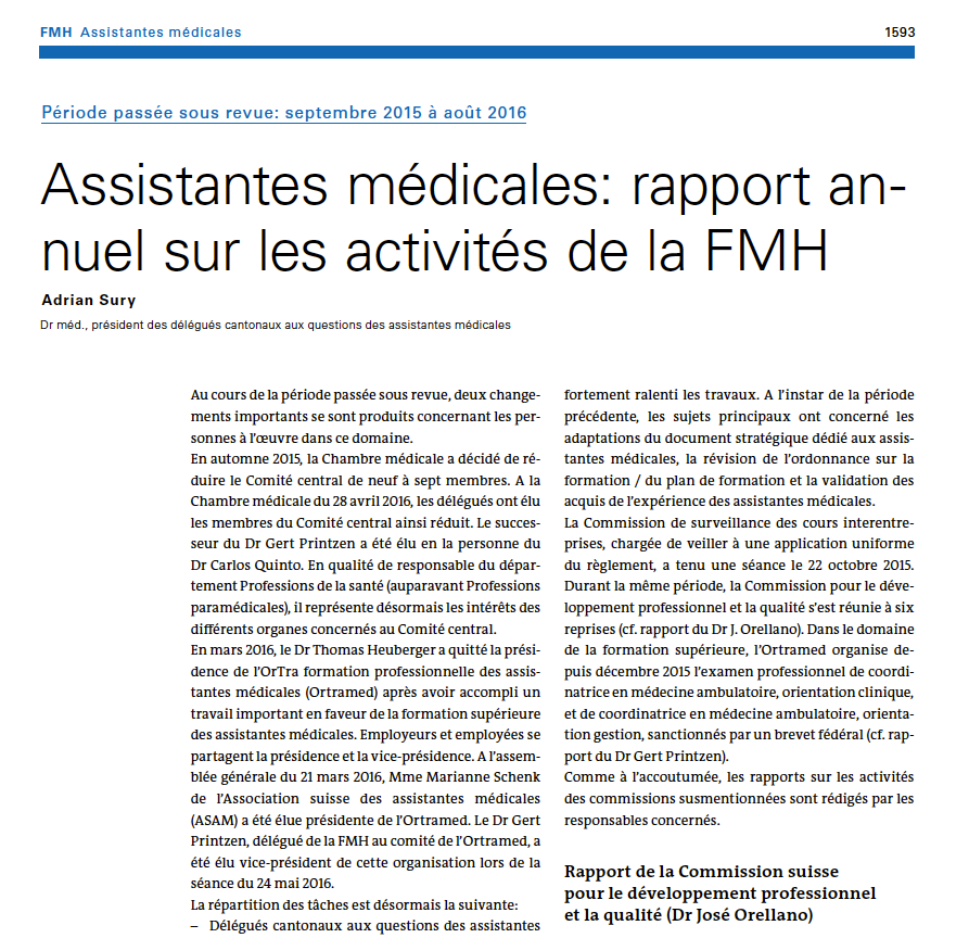 Assistantes médicales: rapport annuel 2016 sur les activités de la FMH