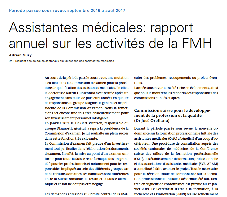 Assistantes médicales: rapport annuel 2017 sur les activités de la FMH